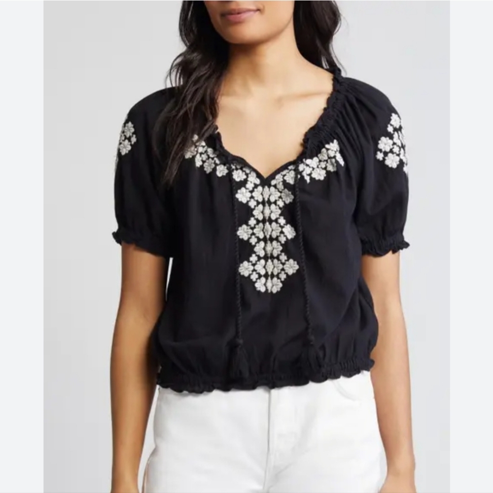NWT Lucky Brand Black Top with White Embroidery | Various Sizes